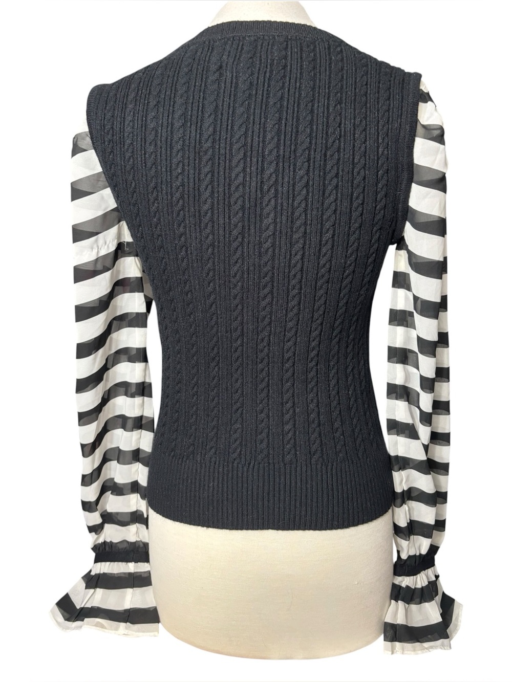 Maeve Anthropologie Black Cable Knit Stripe Chiffon Sleeve Sweater Top (M) - Picture 3 of 4
